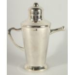 A SILVER PLATED COCKTAIL SHAKER with handle. 11ins high.