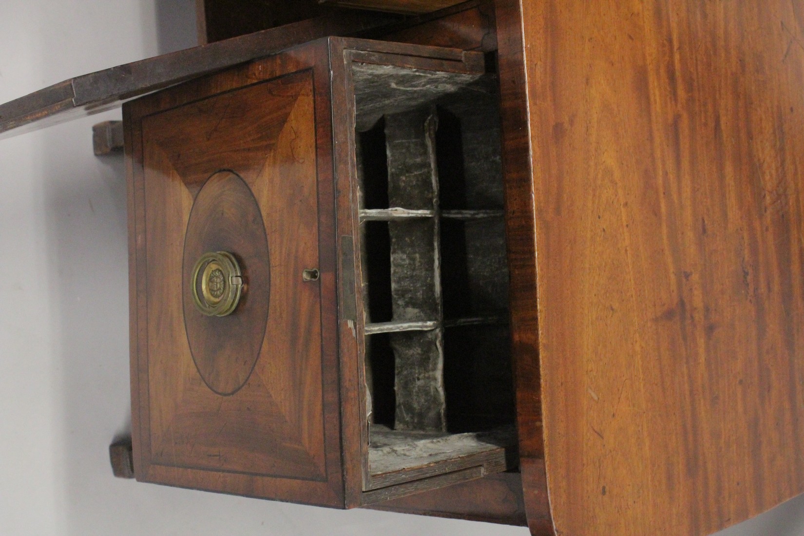 A GOOD GEORGE III MAHOGANY STRAIGHT FRONTED SIDEBOARD with plain legs and ovals to the front, with - Image 6 of 6