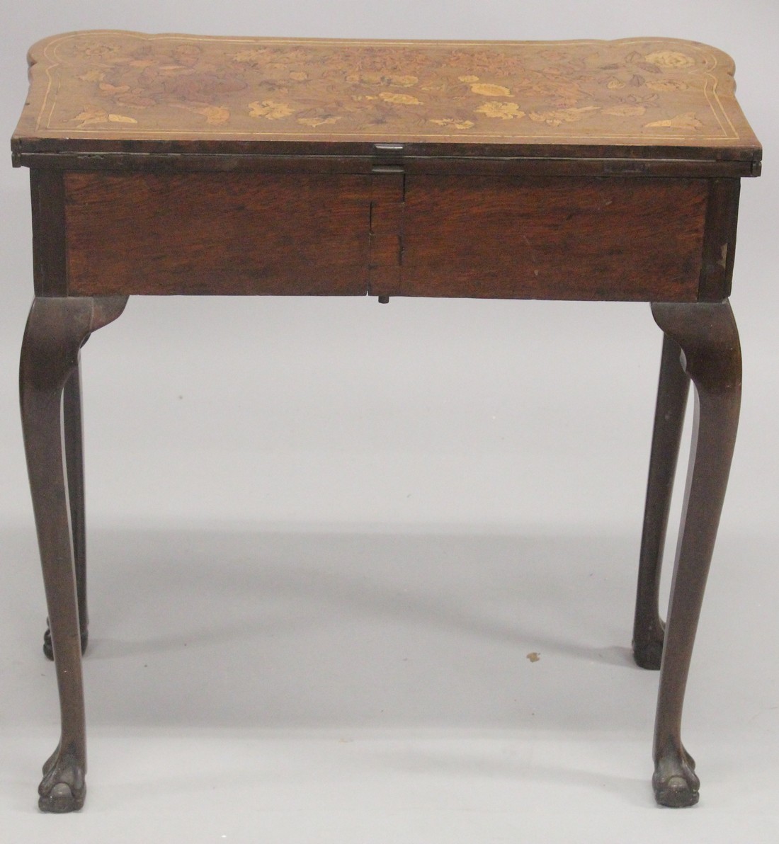 A NEAR PAIR OF 18TH CENTURY DUTCH MARQUETRY FOLDING TOP CARD TABLES inlaid with flowers, birds and - Image 11 of 11