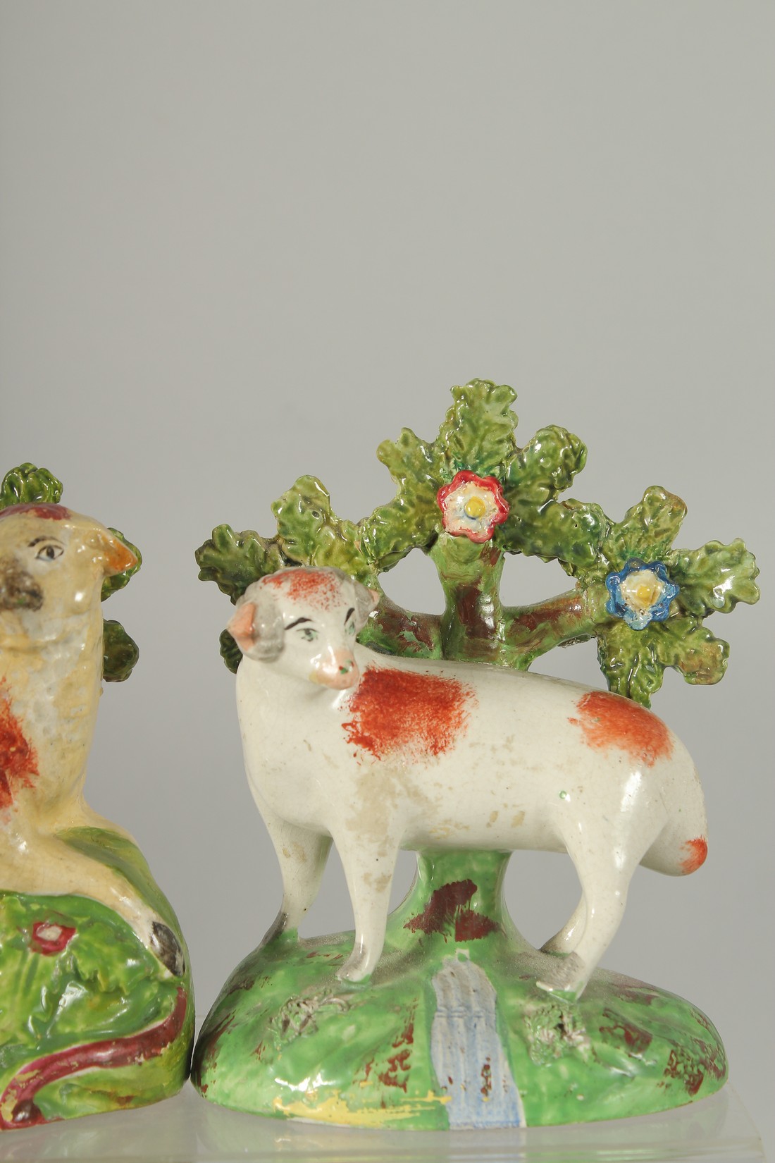 TWO STAFFORDSHIRE BOCAGE GROUPS OF A SHEEP with Bocage backs. 5.5ins & 4.5ins high. - Image 3 of 4