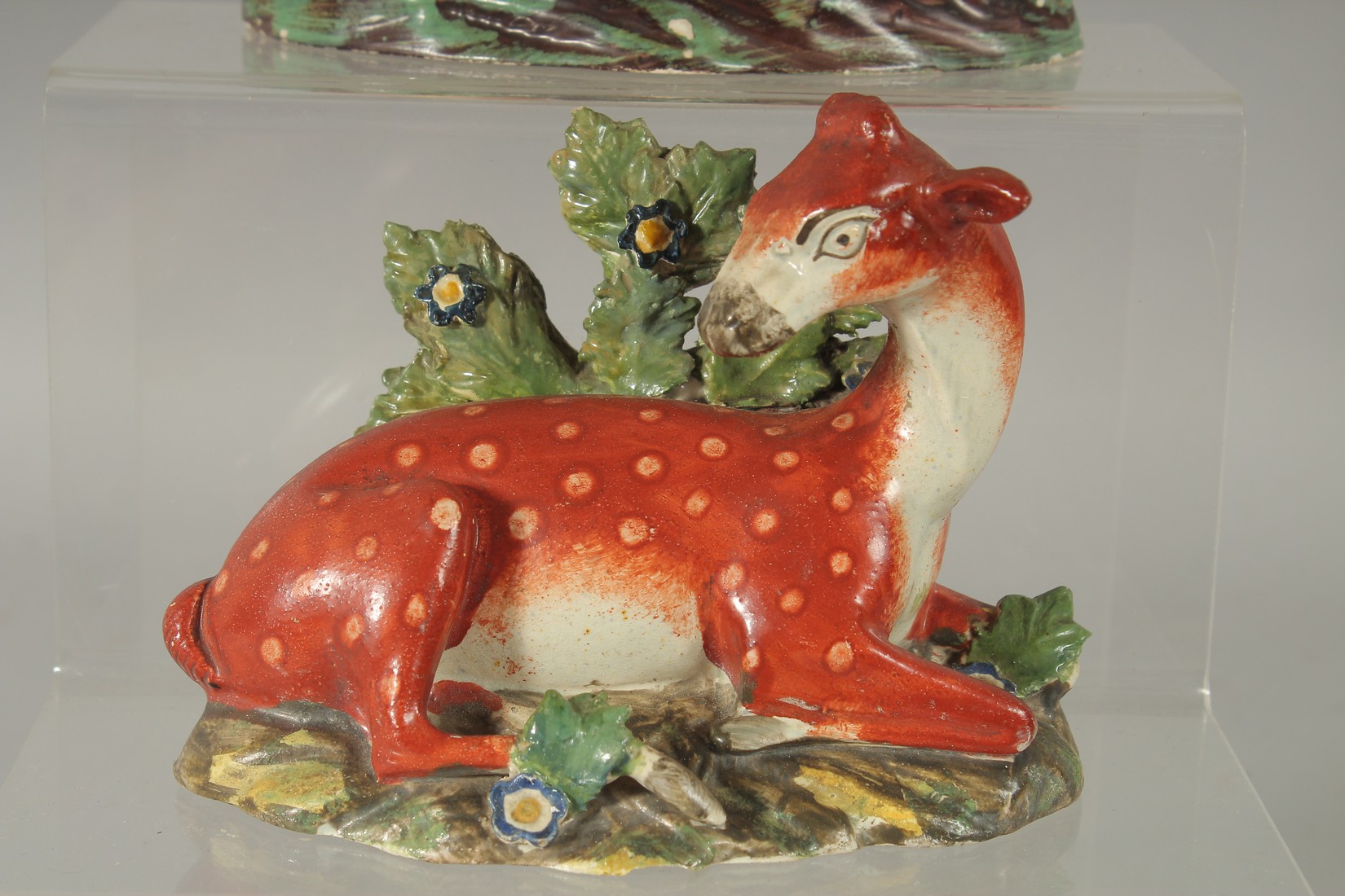 TWO LARGE STAFFORDSHIRE SEATED DEER with spots on rustic bases 7ins & 4.5ins. - Image 3 of 4