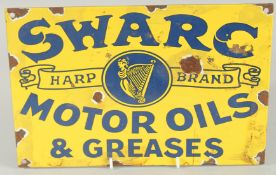 A RECTANGULAR ENAMEL SIGN 'SWORE MOTOR OILS AND GREASE. 8ins x 12ins.