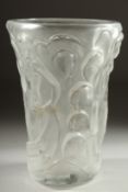 A GOOD LALIQUE FROSTED GLASS VASE the sides with nudes. Engraved: Lalique,France. 8.5ins high.