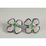 A SUPERB PAIR OF WHITE GOLD, DIAMOND, EMERALD AND BLUE ENAMEL FOUR LEAVES EAR CLIPS.