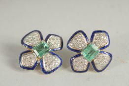 A SUPERB PAIR OF WHITE GOLD, DIAMOND, EMERALD AND BLUE ENAMEL FOUR LEAVES EAR CLIPS.