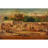 Early 20th Century, Figures and camels in an encampment, oil on panel, 5.25" x 7.5" (13 x 19cm), (