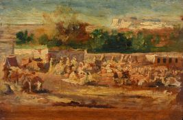 Early 20th Century, Figures and camels in an encampment, oil on panel, 5.25
