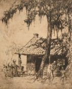 Devitt Walsh, A family group and dogs outside a hut, etching, signed, 4.75" x 3.75", (12x10cm).