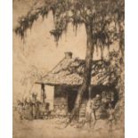 Devitt Walsh, A family group and dogs outside a hut, etching, signed, 4.75" x 3.75", (12x10cm).