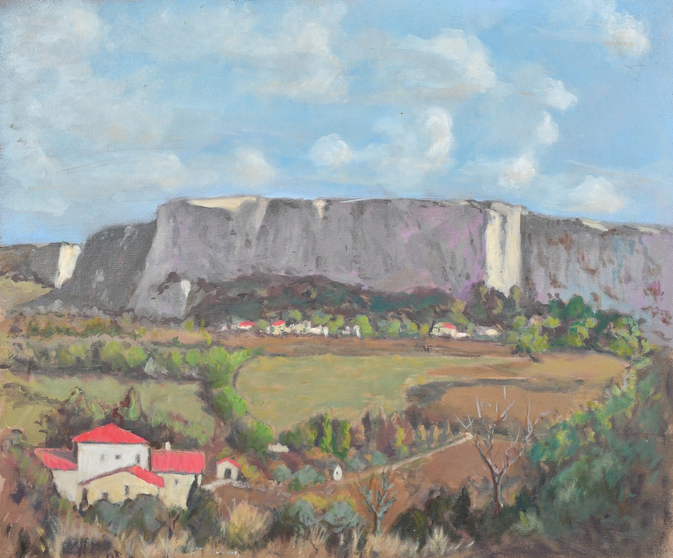 French School, Circa 1950, 'Falaises de Lioux', a Provencal view, oil on canvas, 21.25" x 25.5" (