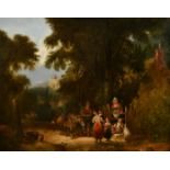 Attributed to William Shayer, figures gathered on a country track, oil on canvas, 17" x 21" (43 x