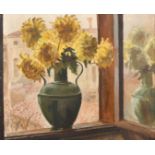 Pietro Sansalvadore (1892-1955), sunflowers in a green urn on a windowsill, oil on canvas, signed
