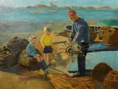 Rita Spencer, A fisherman teaching two young boys how to make a lobster pot, oil on canvas,