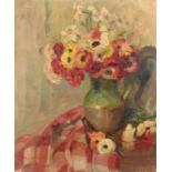 French School, Circa 1922, a still life of flowers in a green jug, oil on canvas, indistinctly