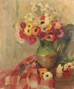 French School, Circa 1922, a still life of flowers in a green jug, oil on canvas, indistinctly