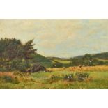 Richard Gay Somerset (1848-1928) British, An extensive landscape with a hay field and figures making