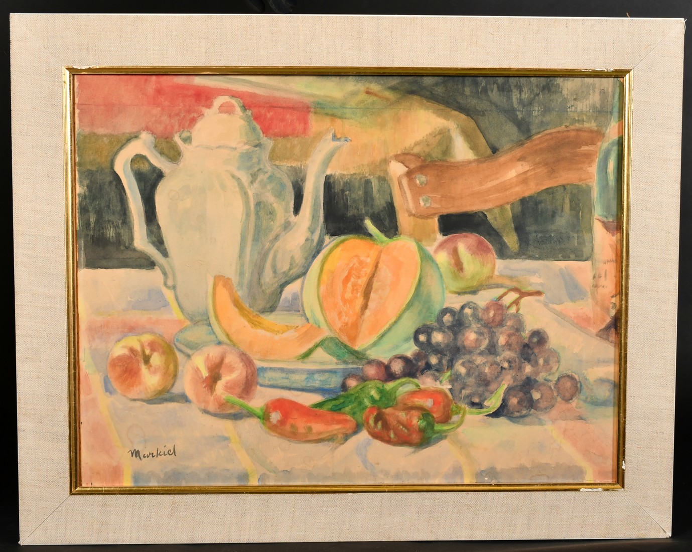 Jacob Markiel (1911-2006) Polish / French, a still life of fruit and a teapot, watercolour, - Image 2 of 4