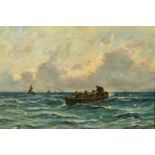 C. Hunter, 19th Century, fishermen in a rowing boat, oil on canvas, signed, 14" x 20" (35 x 51cm).