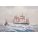 Arthur Burgess (1879-1957), a three-masted sailboat and a tug, watercolour, signed, 13.5" x 19.5" (