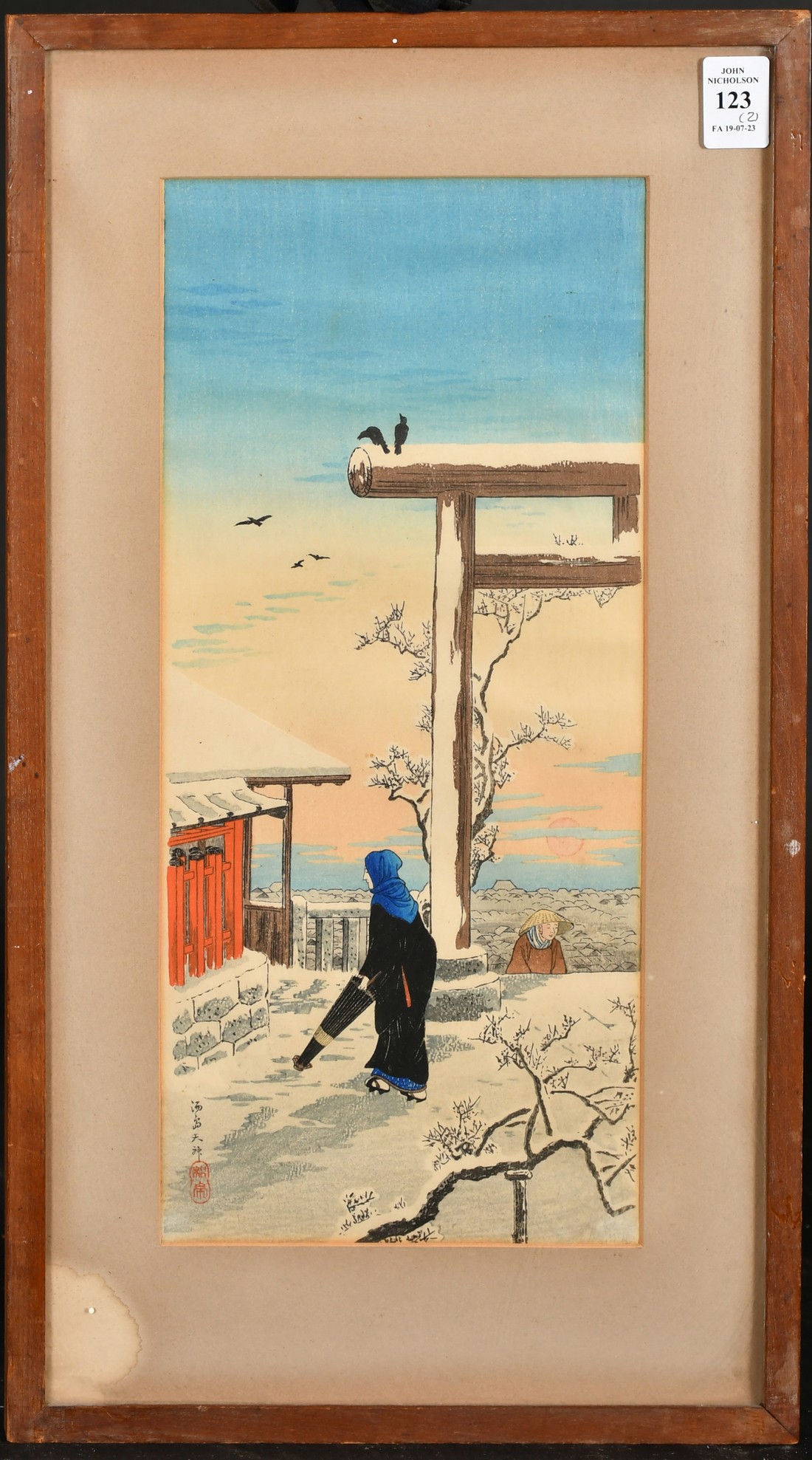 Takashi Hiroaki, a Japanese woodblock, figure on a snowy mountain path and another by the same hand, - Image 2 of 6