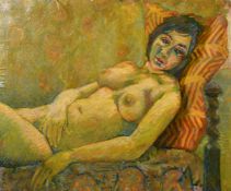 Asian School (20th Century) A reclining nude, oil on canvas, indistinctly signed, 20.75" x 25", (