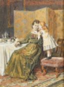 George Goodwin Kilburne (1839-1924), mother and child taking tea in an elegant interior,