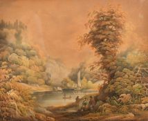 Early 19th Century, A river scene with boats, figures on the banks and cattle watering, watercolour,