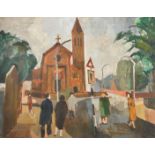 20th Century, Figures on a street near to a church, thought to be Christ Church, Streatham, oil on