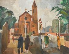 20th Century, Figures on a street near to a church, thought to be Christ Church, Streatham, oil on