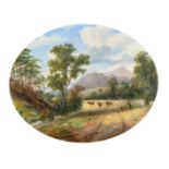 19th Century, An extensive landscape with a figure and dog moving cattle, with mountains beyond, oil