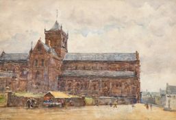 Robert Weir Allan (1852-1942) Scottish, Market stalls outside the Cathedral at Kirkwall Orkney,