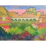 F. Diana, 20th Century, a view of an aqueduct through a valley, oil on paper, signed, 19" x 25" (