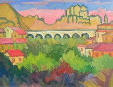 F. Diana, 20th Century, a view of an aqueduct through a valley, oil on paper, signed, 19" x 25" (
