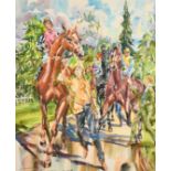 Jack Lawrence Miller (20th Century), race horses in procession, watercolour, signed, 19.5" x 15" (