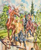 Jack Lawrence Miller (20th Century), race horses in procession, watercolour, signed, 19.5" x 15" (