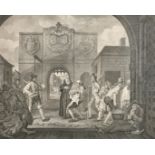 An engraving after Hogarth, 'The roast beef of old England', 15" x 17.75", (38x45cm).