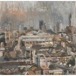 Modern British School, A view of a city at roof top level, oil on canvas, 9.75" x 9.75", (