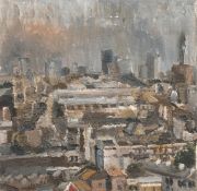 Modern British School, A view of a city at roof top level, oil on canvas, 9.75" x 9.75", (