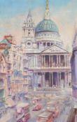 Circle of Cecil G. C. King, St Paul's Cathedral from Ludgate Hill, coloured chalk, indistinctly