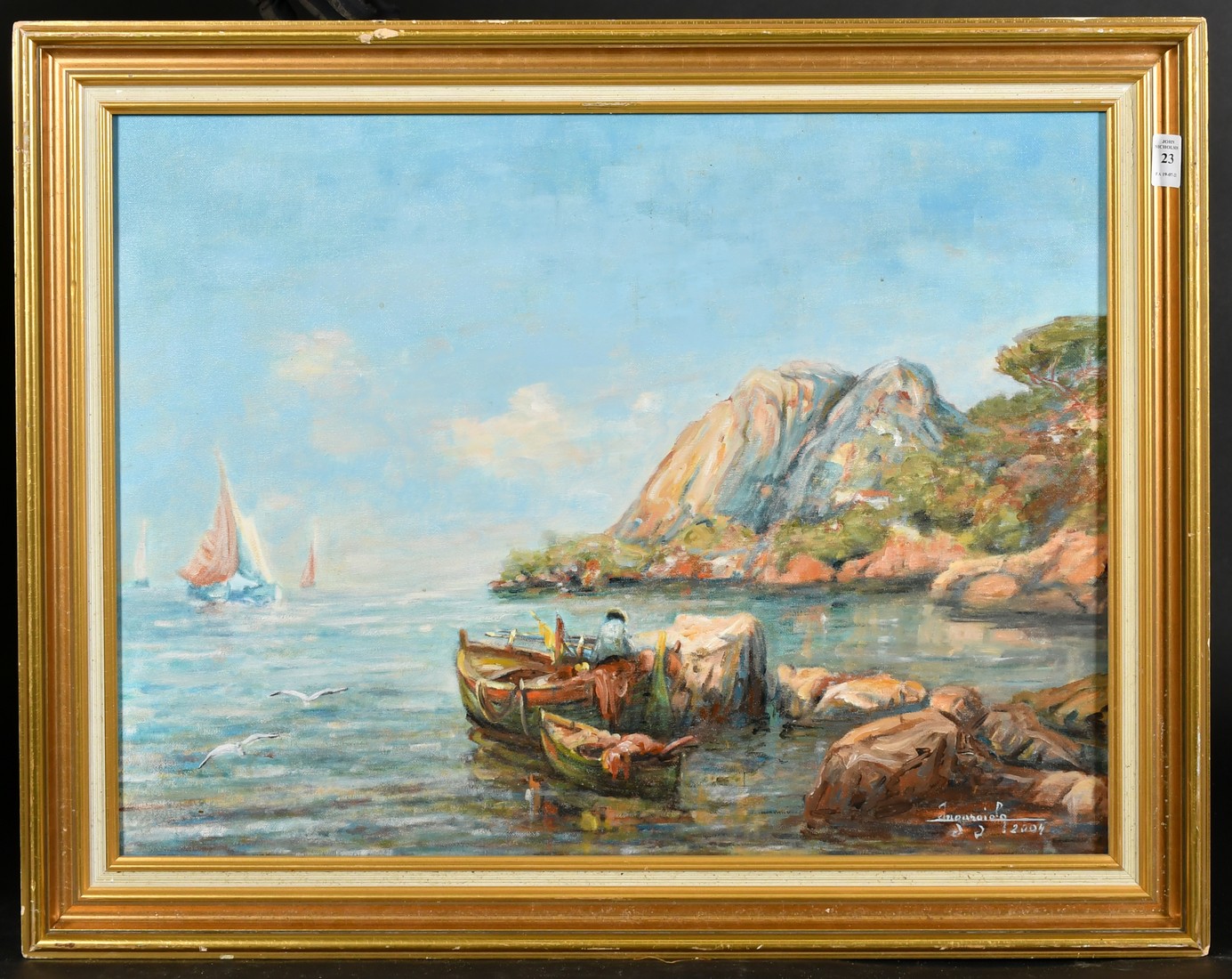 French School, Circa 2004, a fisherman and his nets in a rocky bay, oil on canvas, indistinctly - Image 2 of 4