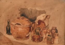 Circle of P. de Wint, A still life of mixed pots on a ledge, watercolour, 6.75" x 9.75", (17.