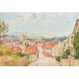 19th Century, A village view with a church from top of a lane and hills in the distance,