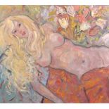 Kanwaldeep Singh Kang, signed Nicks (1964-2007) British, 'Blondie', a reclining nude, oil on canvas,