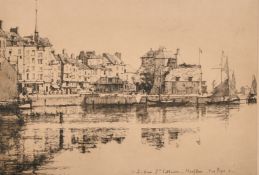 Eugene Bejot, View of the Port St. Catherine, Honfleur, etching, signed in pencil, 6" x 8.25", (