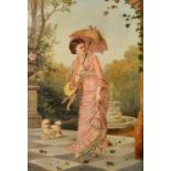 19th Century Continental School, an elegant female figure with a parasol walking under falling