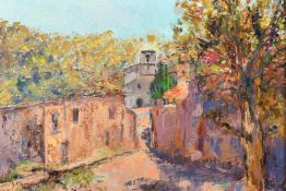 Continental School, Circa 1989, a village street view, oil on canvas, indistinctly signed, 13" x 18"