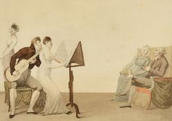 French School (19th Century) A music lesson, figures in an interior, watercolour, signed and