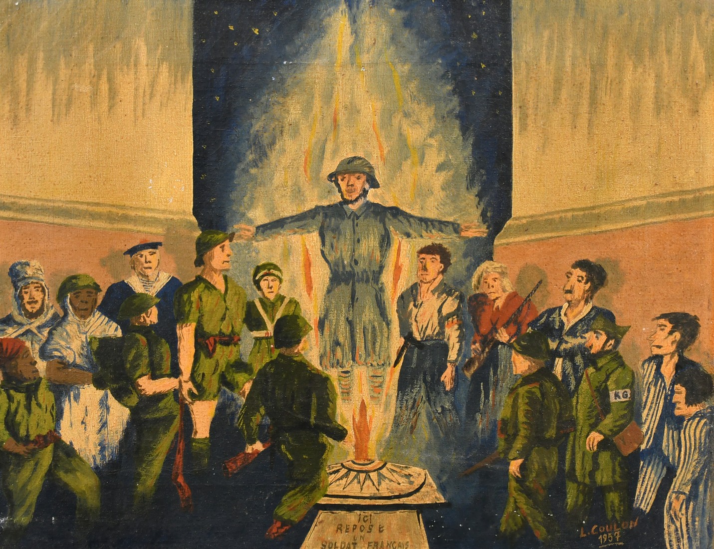 L. Coulon, Circa 1957, 'Ici Repose un Soldat Francais', figures gathered around a memorial, oil on