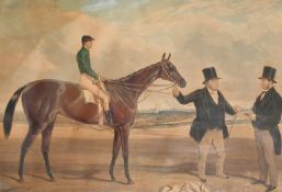 A 19th Century hand coloured aquatint of a race horse with jockey up and a gentlemen holding the