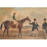 A 19th Century hand coloured aquatint of a race horse with jockey up and a gentlemen holding the